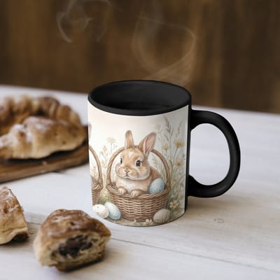 Magische Mok - Foto op Warmte Mokken - Koffiemok - Konijnen - Eieren - Bloemen - Beige - Magic Mok - Beker - 350 ML - Theemok