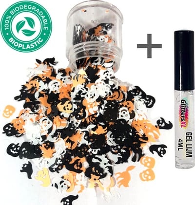 Halloween Chunky Glitters (Zwart/Wit/Oranje) + Glitter Huid Lijm [Volume 8g - Festival Jewels Glitter Outfit Lichaam en Gezicht - Make-up nep wond spin bloed decoratie masker halloween mastix - Kinderen Volwassenen Dames Heren Schmink]