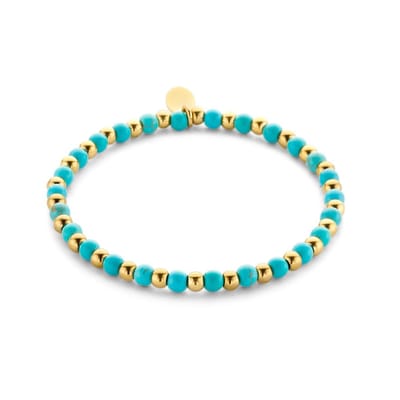 CO88 Collection 8CB-90835 Stalen Armband - Dames - kralen - 4 en 4,5 mm Doorsnee - Staal en Turkoois - 17,8 cm Lengte - Rekarmband - Goudkleurig