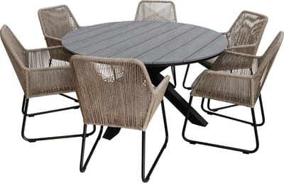 7-delige ronde tuinset | 6 Mona tuinstoelen (Sand) | ⌀150cm Cyprus tuintafel (Grey)