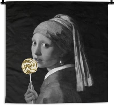 Wandkleed - Wanddoek - Meisje met de parel - Vermeer - Snoep - 90x90 cm - Wandtapijt