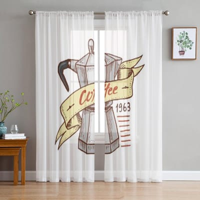Koffie Illustratie Witte Tule Transparante Gordijnen voor Woonkamer de Kamer Slaapkamer Keuken Decoratie Voile Organza Gordijnen 135W x 114H(cm)