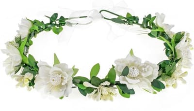 Bloemenkrans Hoofddeksel - Bloemen Kroon - Feestelijke Gelegenheid - Verstelbaar Lint - One Size - Wit