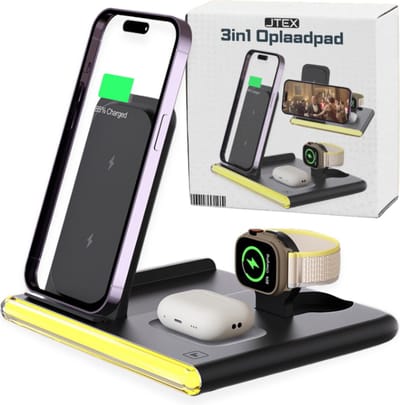 JTEX 4 in 1 Draadloze Oplaadpad – Triolader / Draadloze Oplader / Opvouwbaar / tot 15W / Snelladen / Iphone, Apple, Samsung / Smartwatch, Airpods / met Ambilight / Slim Opladen / Adapter / Telefoonlader