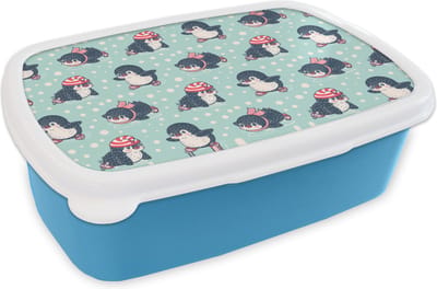Broodtrommel Blauw - Lunchbox - Brooddoos - Pinguïn - Schaatsen - Muts - Kinderen - Patroon - 18x12x6 cm - Kinderen - Jongen