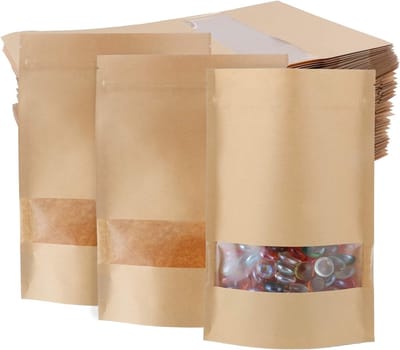 60 Stuks Kraft Papieren Stand Up Voedselzakken, Herbruikbare Ritszakken, Bruine Papieren Verpakkingen met Transparant Venster, 12x20cm voor Voedselopslag