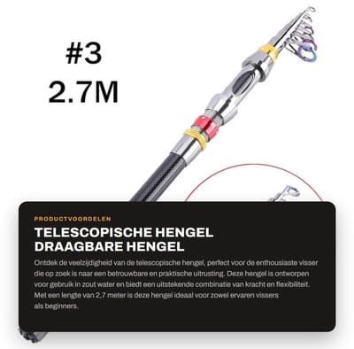 Dailygoods- Hengel Telescopisch 2,7 m - Draagbaar - Koolstofvezel - Intrekbaar - Harde Hengel - Voor Zout Water - Vishengel