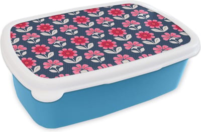 Broodtrommel Blauw - Lunchbox - Brooddoos - Bloemen - Patroon - Rood - 18x12x6 cm - Kinderen - Jongen