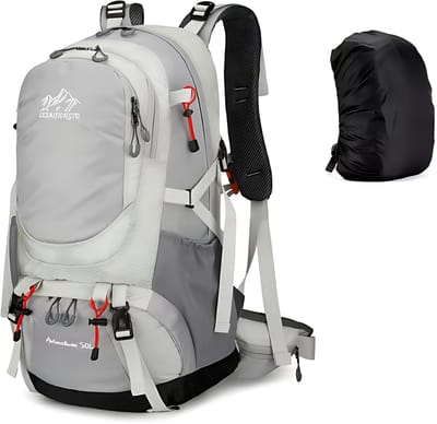 E-Shop4u® - 50L Outdoor Rugzak - Wandelrugzak Hiking Backpack - met Nylon, Waterdicht, Regenhoes, Ademend Rugpand, Lichtgewicht - voor Outdoor - Lichtgrijs