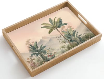 Dienblad hout 50x35 cm - Schootdienblad - Tropisch landschap - palmbomen - Bloemen - Roze lucht - Borrelplank rechthoek - Plateau dienbladen