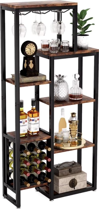 Wijnkast - Wijnrek - Drankkast - Kast - Wijnglashouders - Flessenhouders - Industrieel - Hout en metaal - Bruin/Zwart - 175x80x30cm