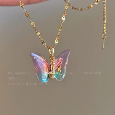 Collier avec Breloque Papillon en Cristal Coloré Chaîne Simple Insecte Clavicule Pour Femmes Filles Bijoux de Mode Accessoires Cadeau gray