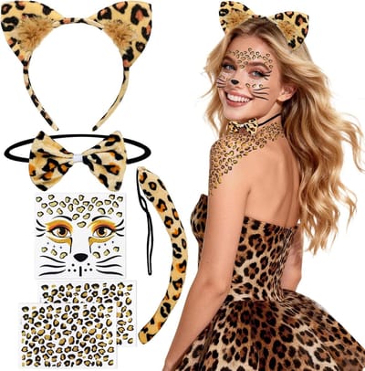 Dierenkostuum met Luipaardthema voor Vrouwen en Kinderen, inclusief Oren, Hoofdband, Make-up en Staart voor Carnaval