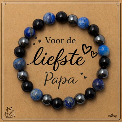 Bixorp Lapis Lazuli + Onyx + Hematiet Armband op Cadeau Kaartje - Voor de Liefste Papa - 8mm / 18cm Edelsteen Kralenarmband - Inclusief Cadeau Envelop