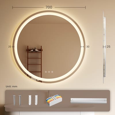 Auralum® Badkamerspiegel met LED Verlichting & Verwarming - Wandspiegel Rond - Anti Condens Douchespiegel - Dimbaar - 3000K/4500K/6500K - 70CM