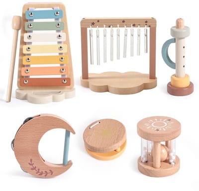 Muziekinstrumenten - 6-delige houten speelgoedset voor babybeweging - Rustgevende pipa - Windgong - Muzikaal speelgoed voor kinderen