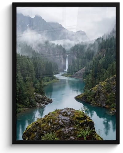 Poster in lijst - Fotolijst 60x80 cm - Posters - Waterval - Bomen - Bergen - Posterlijst zwart - Decoratie - Wanddecoratie woonkamer - Muurdecoratie slaapkamer
