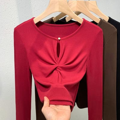 Haut de base à manches longues pour femmes, polyvalent pour l'automne et l'hiver, t-shirt à manches longues et col rond avec boutons 3XL bordeaux