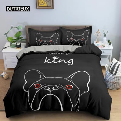 Leuke Cartoon Bulldog Patroon Dekbedovertrek Set King Full Size Beddengoed Set Kamerdecoratie Zachte Microvezel Quilt/Troosterhoes 2/3PCS AU Double(180x210cm)