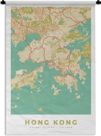 Wandkleed - Wanddoek - Kaart - Hong Kong - Stadskaart - Vintage - Plattegrond - 120x180 cm - Wandtapijt