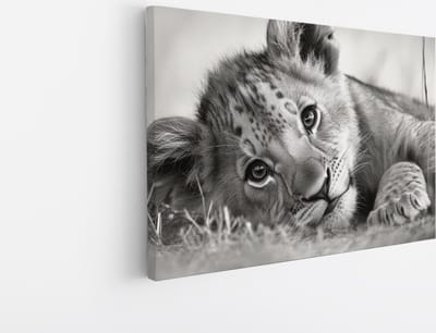 Saammp Canvas Schilderij - Leeuwen Welp in het gras- Dieren - Natuur - 45x30 - Foto op canvas - Wanddecoratie - Muurdecoratie Woonkamer - Slaapkamer decoratie - Canvas Print