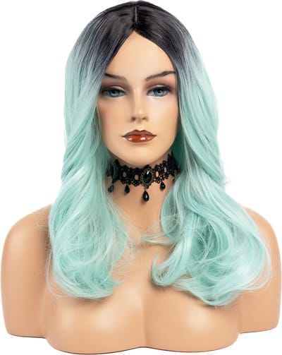 KIMU® Luxe Lange Mint Pruik - Mintgroene Ombre Zwarte Uitgroei - Haarwerk Krullen Slag Laagjes - Zwart Lang Haar Gekleurde Mintgroen Haarstuk Festival