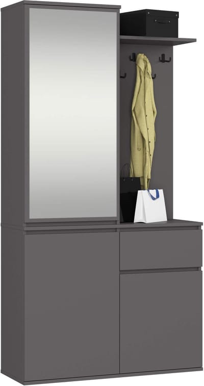 Hal set met spiegel ENTRO / Halmeubel met 3 Deuren en 1 Lade / Hal Kast / Kapstok en Schoenenkast / Grafietgrijs / 95 x 183 x 35 cm