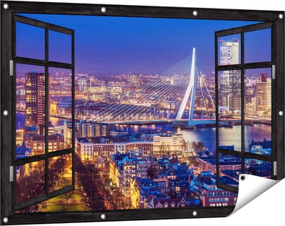 Gards Tuinposter Doorkijk Rotterdamse Skyline met de Erasmusbrug - 120x80 cm - Tuindoek - Tuindecoratie - Wanddecoratie buiten - Tuinschilderij