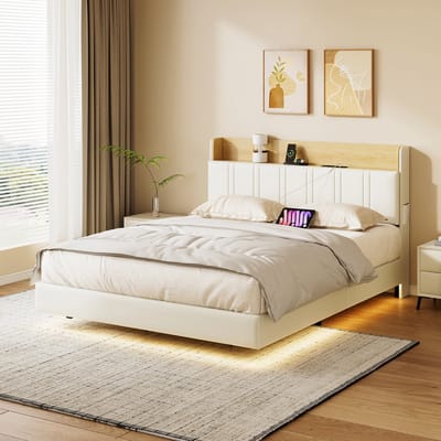 Zwevend Bed 160x200 cm met LED Verlichting & Laadstation – Wit PU/Eiken – met Opbergruimte – Modern Design