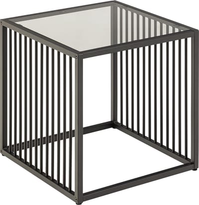 Vierkante bijzettafel met rookglasplaat en zwart metalen frame