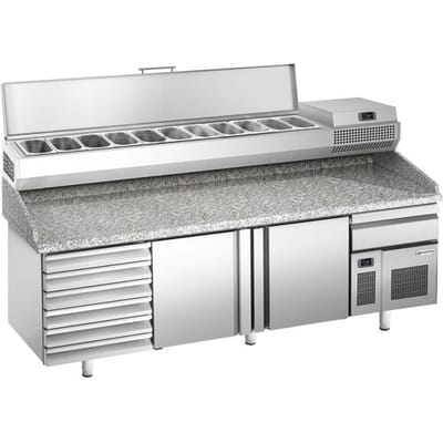 GGM Gastro Pizzakühltisch Premium PLUS - 2305x800mm - mit 2 Türen & 7 Schubladen - inkl. Kühlaufsatzvitrine - 11x GN 1/4 Zilver