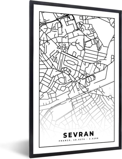 Fotolijst incl. Poster Zwart Wit- Kaart - Sevran - Frankrijk - Stadskaart - Plattegrond - Zwart wit - 40x60 cm - Posterlijst