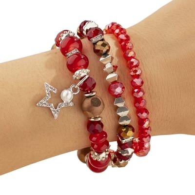 Rood zilverkleurig parel armband set dames 3 delige kralen armband met kristal kralen ster hanger elastische parel armband stapelbare sieraden set voor dagelijks gebruik en feestelijke gelegenheden