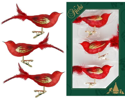 Krebs Kerst vogeltjes - op clip - 6x st - rood - 11 cm - glas - glazen kerstornamenten - vogeltjes