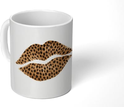 Mok - Koffiemok - Lip - Panterprint - Minimalistisch - Wit - Mokken - 350 ML - Beker - Koffiemokken - Theemok