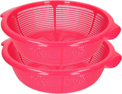 Plasticforte keuken vergiet - 2x stuks - fuchsia roze - 31 x 9,5 cm - kunststof - afgieten van groente en pasta
