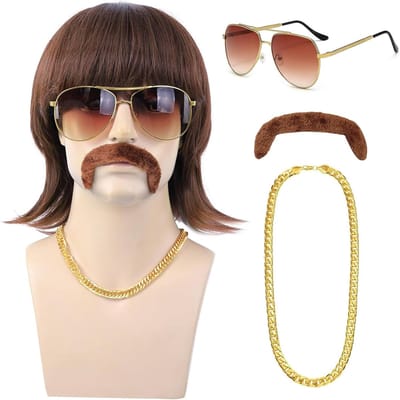 80s kostuumset voor mannen - 5-delige outfit met accessoires, vokuhila pruik voor disco, punk en carnaval