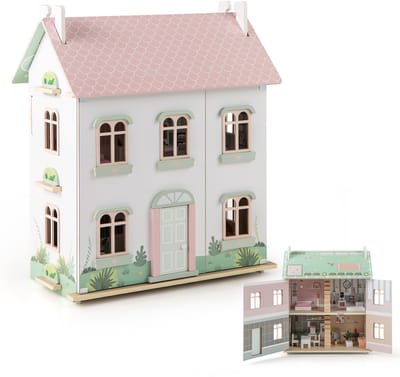 COSTWAY Poppenhuis hout, poppenhuis 3 verdiepingen met dubbelzijdige daken en deuren te openen dhz-droomhuis poppenvilla met meubels en accessoires, voor kinderen vanaf 3 jaar