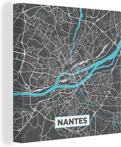 Canvas Schilderij Kaart - Plattegrond - Stadskaart - Nantes - Frankrijk - 20x20 cm - Wanddecoratie