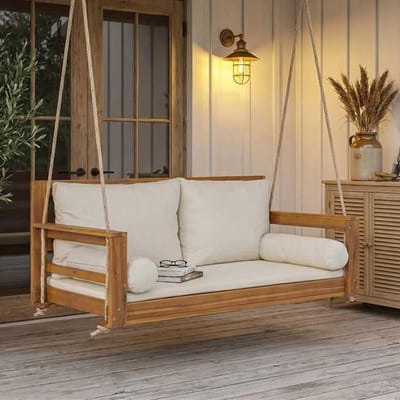 Dubbele Schommelstoel - Hangschommel Tuin - Ontspannen Buiten - Acaciahout Frame - 160 kg Belastbaar - Beige
