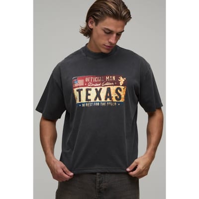 Oversized Boxy Gewassen T-shirt Met Texas Kentekenplaat | Washed Black | Size XS