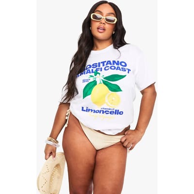 boohoo Dames Plus Positano Amalfi Kust Citroenprint Oversized T-Shirt | Wit | Maat: 48