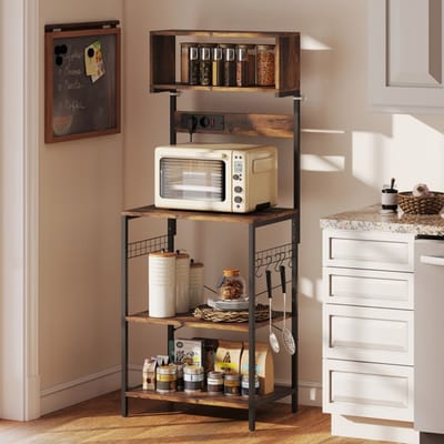MODFU - Keukenrek - Met Stopcontact En Verstelbare Plank - Industrieel - Hout En Staal - Rustiek Bruin - 60 X 42 X 153 Cm