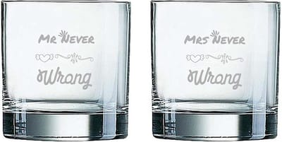 Gegraveerde set Whiskeyglazen 38cl Mr. Never wrong - Mrs. Never wrong