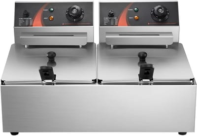 6000 W Dubbele Friteuse 12 L Commercieel Dubbel Instelbare Temperatuurregeling Roestvrijstalen Dubbele Mand Friteuse met Deksel - Gemakkelijk Schoon Te Maken, Voedselveilig