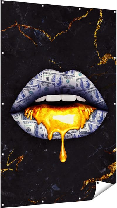 Gards Tuinposter Dollar Lippen met Goud - 120x180 cm - Tuindoek - Tuindecoratie - Wanddecoratie buiten - Tuinschilderij