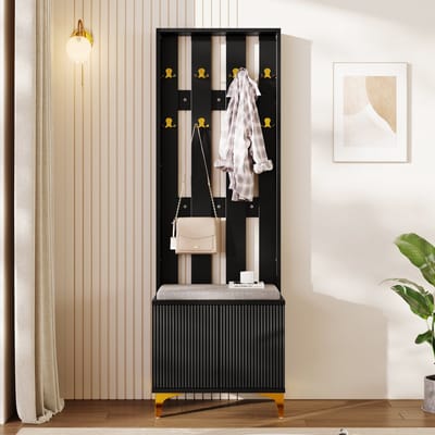 Sweiko Garderobe, Voorzien van Schoenbakken en Kussens, met Haken aan de voorkant van de kast, voorzien van gouden haken en poten, Zwart