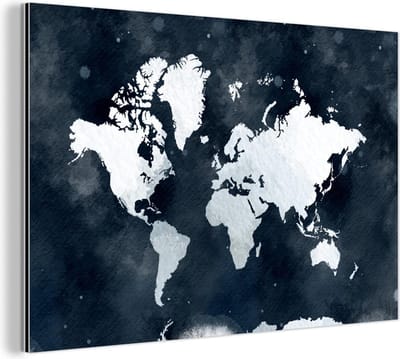 Wanddecoratie Metaal - Aluminium Schilderij Industrieel - Wereldkaart - Blauw - Waterverf - 120x80 cm - Dibond - Foto op aluminium - Industriële muurdecoratie - Voor de woonkamer/slaapkamer
