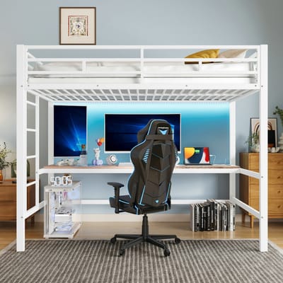 VVBV Kinderhoogslaper 90x200 cm - LED-Verlichting, USB & Stopcontact, Bureau, Trap/Ladder - Metaal Wit - Zonder Matras