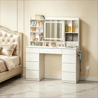 OKWISH Kaptafel Met Spiegel En Verlichting - 9 Lades - Stopcontact En Usb - Wit Hout En Glas - 110 x 40 x 140 cm